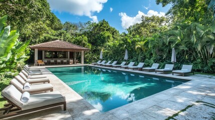 Fototapeta premium Serene Outdoor Pool Surrounded by Lush Greenery and Relaxing Lounge Chairs in a Tropical Paradise Setting