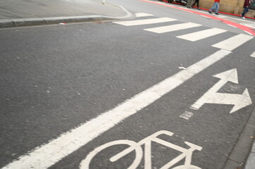 Urban bike lane with white road markings, pedestrian crosswalk and safety bollards on asphalt street.