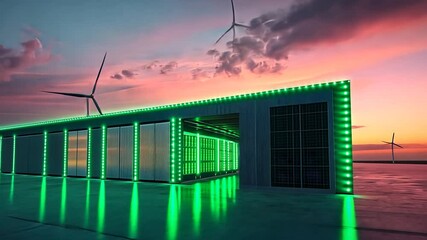 Sustainable Data Center with Wind Turbines at Sunset: Powering the Digital Future - Powered by Adobe