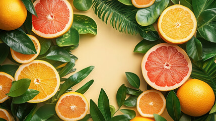Vibrant Hawaiian fruit arrangement featuring citrus slices and lush green leaves perfect for tropical designs