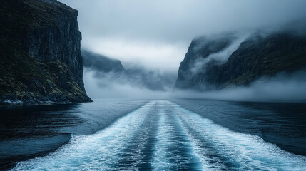 A foggy, cold sea with a moody atmosphere, capturing the tranquil beauty of a misty morning landscape. Ideal for evoking themes of nature, travel, and serene, modern scenery.

