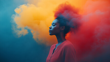 Vibrant clouds of color envelop a woman lost in thought during a serene moment at twilight.