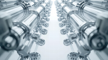 Industrial Alignment: Capturing a close-up view of metallic objects arranged in a linear and rhythmic manner, showcasing the precise and ordered elements within industry.