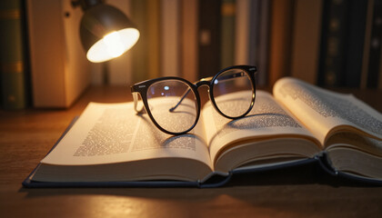 Glasses resting on an open book at a study desk, scholarly reflection