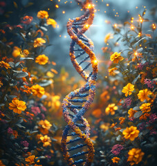 Spiraling through a vibrant garden, a colorful DNA helix weaves an enchanting connection between nature and science, illuminated by soft, magical lights during twilight