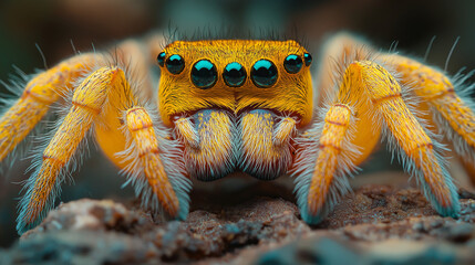 Vibrant golden spider perched on a dark log, revealing intricate patterns and shimmering eyes in a tropical forest environment during daylight hours