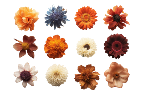12 flower tops, viewed from above, flat lay, evenly spaced, isolated on a white background,