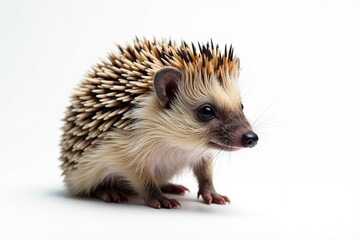 Fototapeta premium A solitary hedgehog on bright white backdrop, showing fine details, background, spiny, prickles