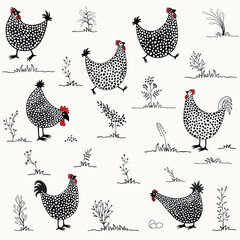 Pattern with cute  cartoon chickens on white background