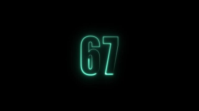 Abstract glowing neon text 67 number countdown icon. Glowing sign on black background Neon number. Glowing blue neon countdown timer number animation 4k. neon countdown timer color 4k