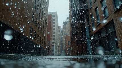 Obraz premium Rainy alleyway city street flood low angle
