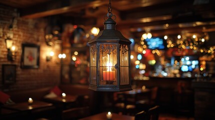 Obraz premium Warm, antique-style lantern in a dimly lit pub