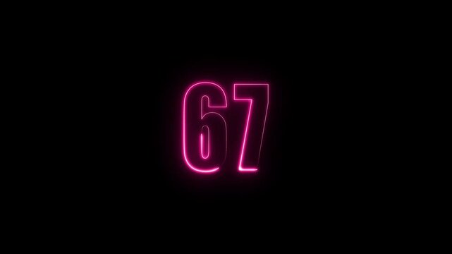 Abstract glowing neon text 67 number countdown icon. Glowing sign on black background Neon number. Glowing blue neon countdown timer number animation 4k. neon countdown timer color 4k