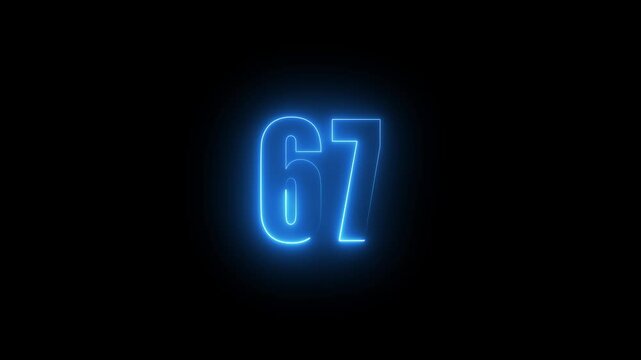 Abstract glowing neon text 67 number countdown icon. Glowing sign on black background Neon number. Glowing blue neon countdown timer number animation 4k. neon countdown timer color 4k
