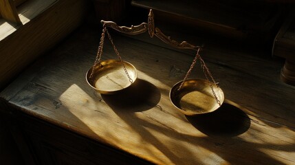 Antique brass scales on wooden desk, sunlight, office background, justice concept