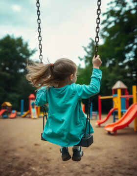 Little Girl Swinging on a Swing in an Amusement Park (Back View)