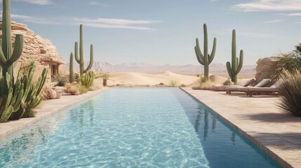 Fototapeta premium Serene Desert Oasis with Swimming Pool, Cacti, and Mountain View Under Clear Sky