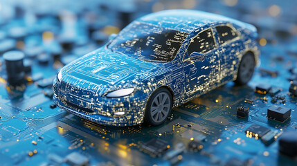 A futuristic car in digital white and gold silver tones rests on a circuit board, symbolizing the development of autonomous driving technology and the evolution of modern transportation
