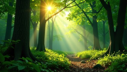 Obraz premium Tranquil forest scene with sunlight filtering through leaves, creating a peaceful ambiance, serene, nature