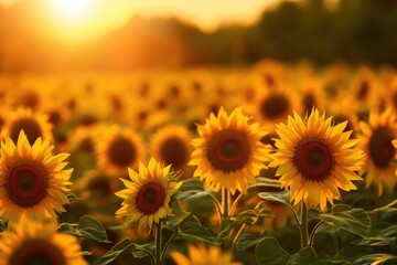 Obraz premium Sunflowers bathed in golden sunset light, a breathtaking field of vibrant yellow blossoms.