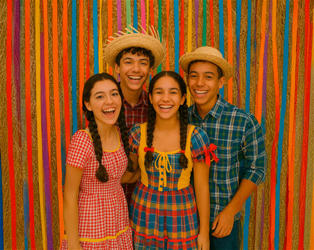 Grupo de jovens celebrando festa junina com alegria