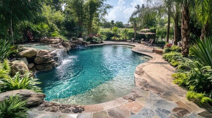 Naklejka premium Serene Tropical Pool Surrounded by Lush Greenery and Rock Features in a Bright Sunny Day