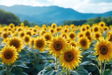 Fototapeta premium A vibrant field of sunflowers basks in sunlight against a backdrop of majestic mountains.
