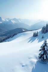 Obraz premium Snow-covered plateau with a blanket of white stretching into the distance, dotted with dark patches of trees, winter, serene