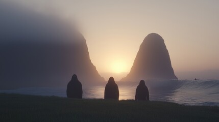 Silhouetted figures watch a sunrise over misty coastline
