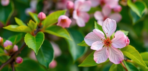 Obraz premium Delicate pink cherry blossom, single bloom against vibrant green leaves, purity, delicate