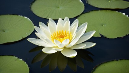 Serene Water Lily: A Floating Jewel with Gentle White Petals and Golden Center Resting Peacefully Amongst Lush Green Lily Pads