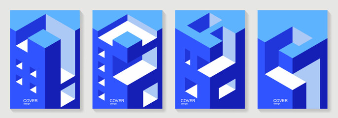 Abstract 3d geometric poster background vector set. Blue minimalist style cover template with 3d shapes. Modern architectural illustration for cover design, social media, banner, flyer, catalog, ads.