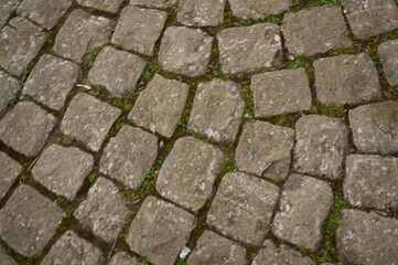 Опис (Description):
Old cobblestone pavement with irregular stone pattern. Historic European street texture with weathered stones and moss between the gaps