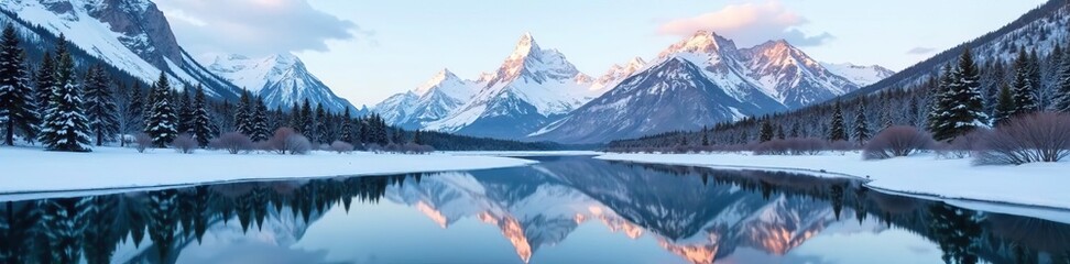 Obraz premium Snow-covered Three Sisters Peaks perfectly reflected in the Bow River, Canmore, Alberta, Canada during winter season Bear country Beautiful landscape background, background concept, Canada
