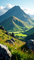 Snowdon mountain standing tall in Snowdonia National Park with lush green valleys and rocky peaks in the background,  Wales,  outdoors