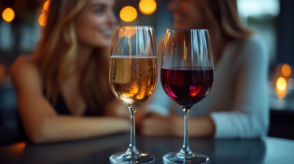 Friends enjoying a night out with sparkling and red wine in a cozy lounge setting