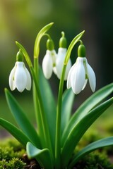 Fototapeta premium Spring snowdrop flowers in full bloom, showcasing delicate white petals with green stems and leaves, flowers, white