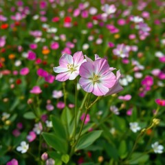 Fototapeta premium Delicate white and pink Bacopa monnieri blossoms in a vibrant field garden, flora, pink flowers
