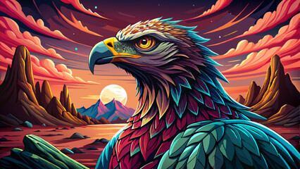 Fototapeta premium Eagle portrait on an alien rock formation under a strange colored sky, animal banner