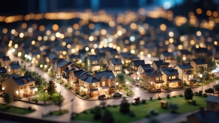 Obraz premium A miniature model of a suburban neighborhood at night