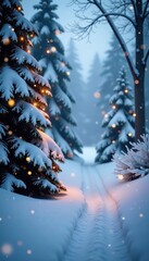 Snow-covered trees with twinkling bokeh lights in a winter wonderland setting,  serene,  festive