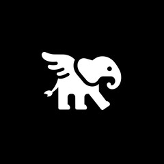 Fototapeta premium Stylized logo featuring a winged elephant design in white on a black background showcasing modern minimalism