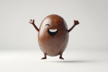 A happy, cartoon coffee bean character joyfully leaps in the air with arms raised.