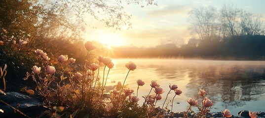 A photograph capturing serene beauty of a tranquil landscape at dawn, with gentle sunlight, a peaceful body of water, and promise of a fresh start