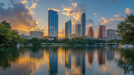 Sunset Austin skyline reflected in lake, boats, clouds