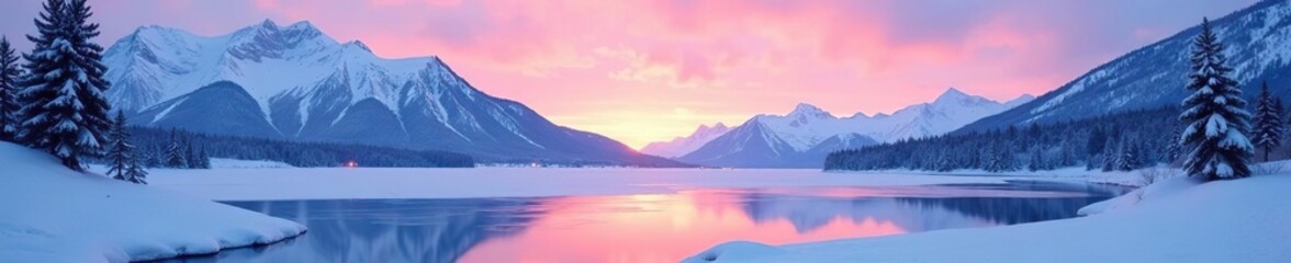 Scenic snowy landscape with a frozen lake, snow-capped mountains, and a pink sunset sky in a wide format,  romantic,  mountains