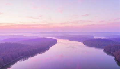 Fototapeta premium Lavender gradient morning over serene riverbend, natural tranquility