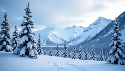 Snowy forest in the Chugach Mountains near Anchorage with frozen trees creating a winter wonderland scene,  forest,  snow-covered