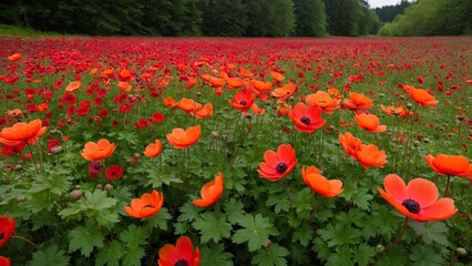 Obraz premium A Serene Landscape of Vibrant Red and Orange Flowers Blooming Profusely Against a Backdrop of Lush Green Trees.