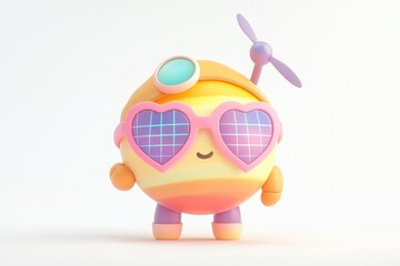 Fototapeta premium Cute 3D render of a cheerful, round robot with heart-shaped sunglasses and a propeller.